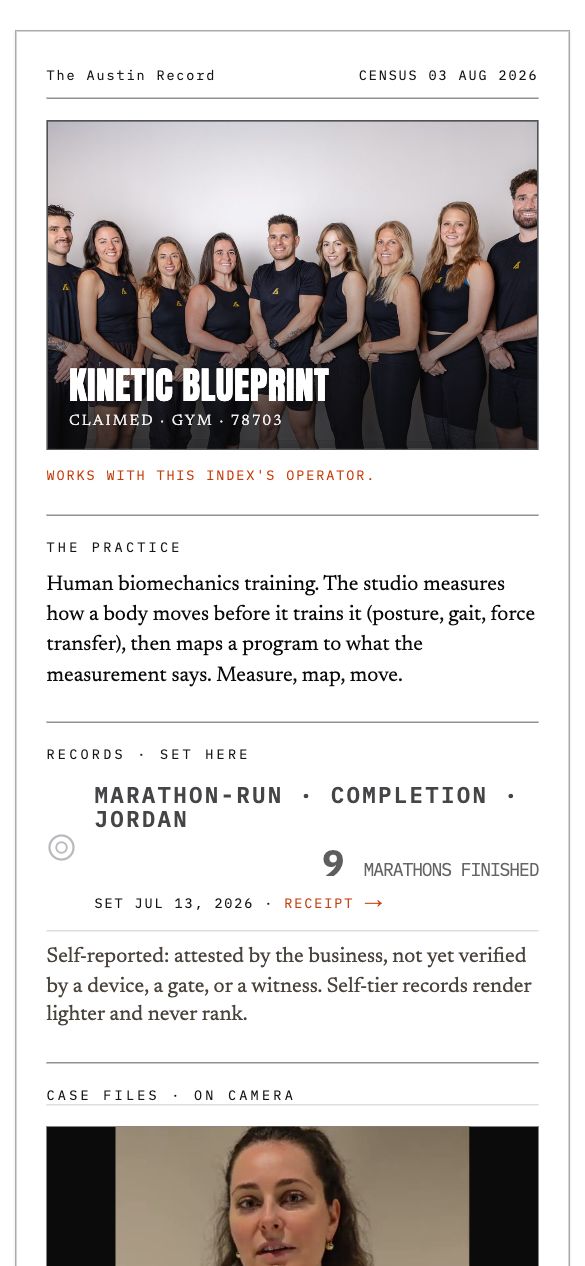 The same claimed page on a phone, marked claimed, gym, 78703, and labeled as working with the index's operator.
